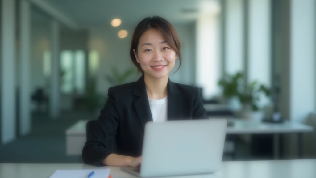 Person sitting calmly at desk, looking focused and composed, professional environment