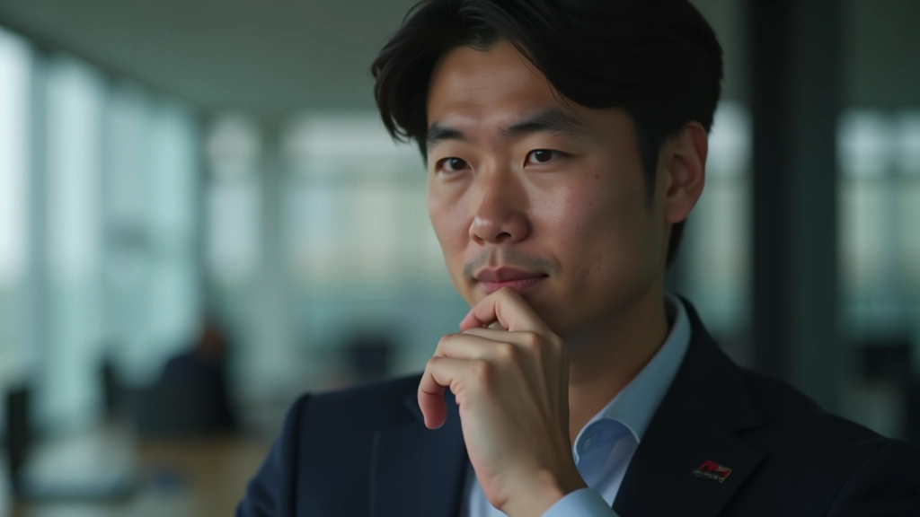 Person in professional setting making thoughtful expression while listening, hand near chin in contemplative pose, office background, natural daylight, portrait from chest up