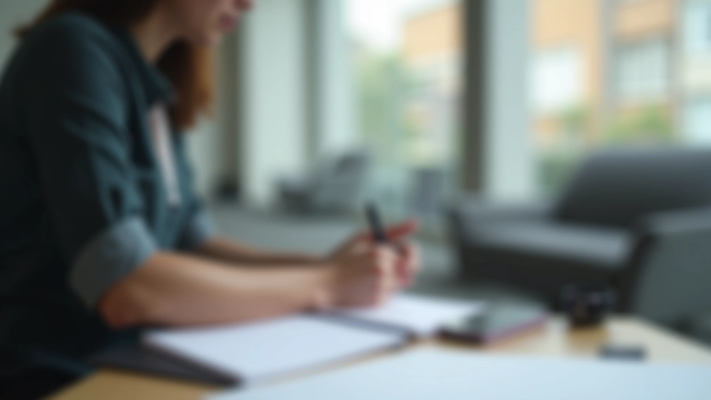 Person taking notes while listening to someone speak, notepad and pen on wooden desk, professional setting, natural window lighting, sharp focus on hands and notepad