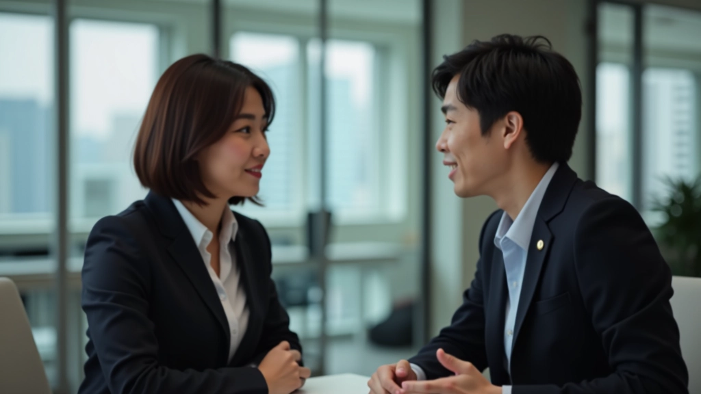 Close-up of two people in conversation, one person leaning in attentively with focused expression and open body language, professional office setting, warm lighting, sharp focus