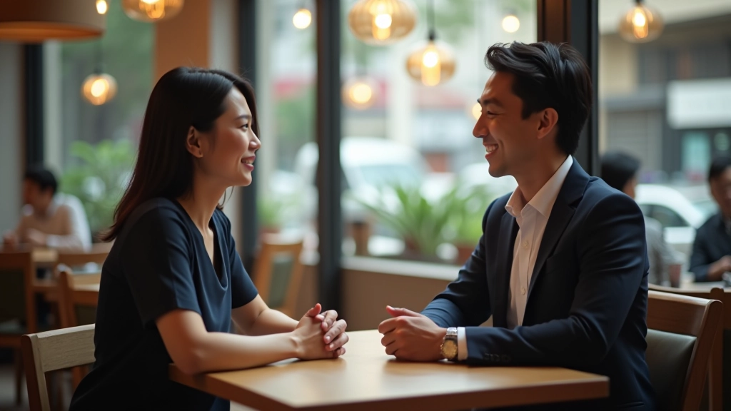 Two colleagues sitting at a cafe table, one leaning forward engaged in conversation, warm natural lighting