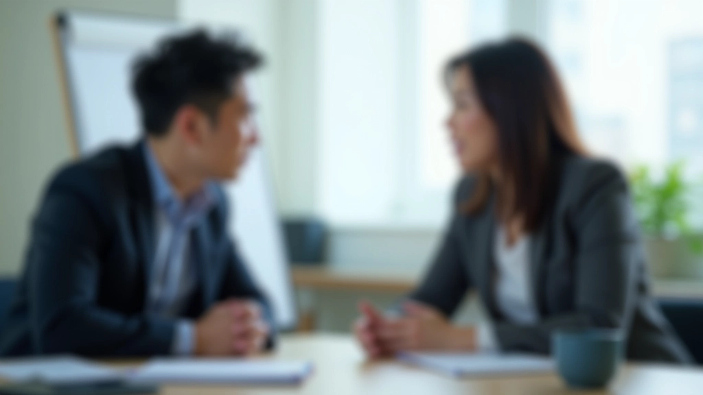 Professional workspace showing two colleagues having a focused conversation at a table with notepads and coffee cups