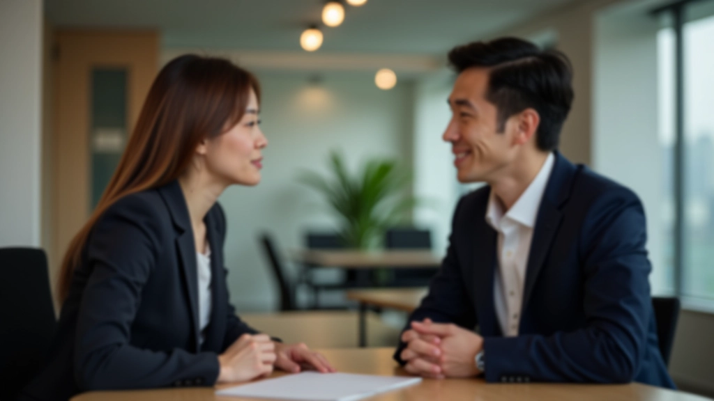 Two people having a conversation in an office setting, one person speaking while the other listens attentively