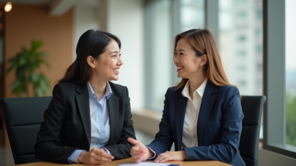 Two colleagues in professional attire having a calm conversation, both appearing relaxed and engaged, modern office breakroom setting, natural window light, warm and professional atmosphere