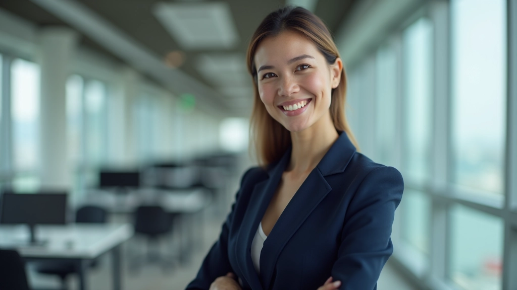 Professional woman in business attire having a confident conversation in a modern office setting