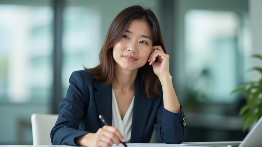 Person at laptop in modern office, appearing thoughtful while composing professional communication
